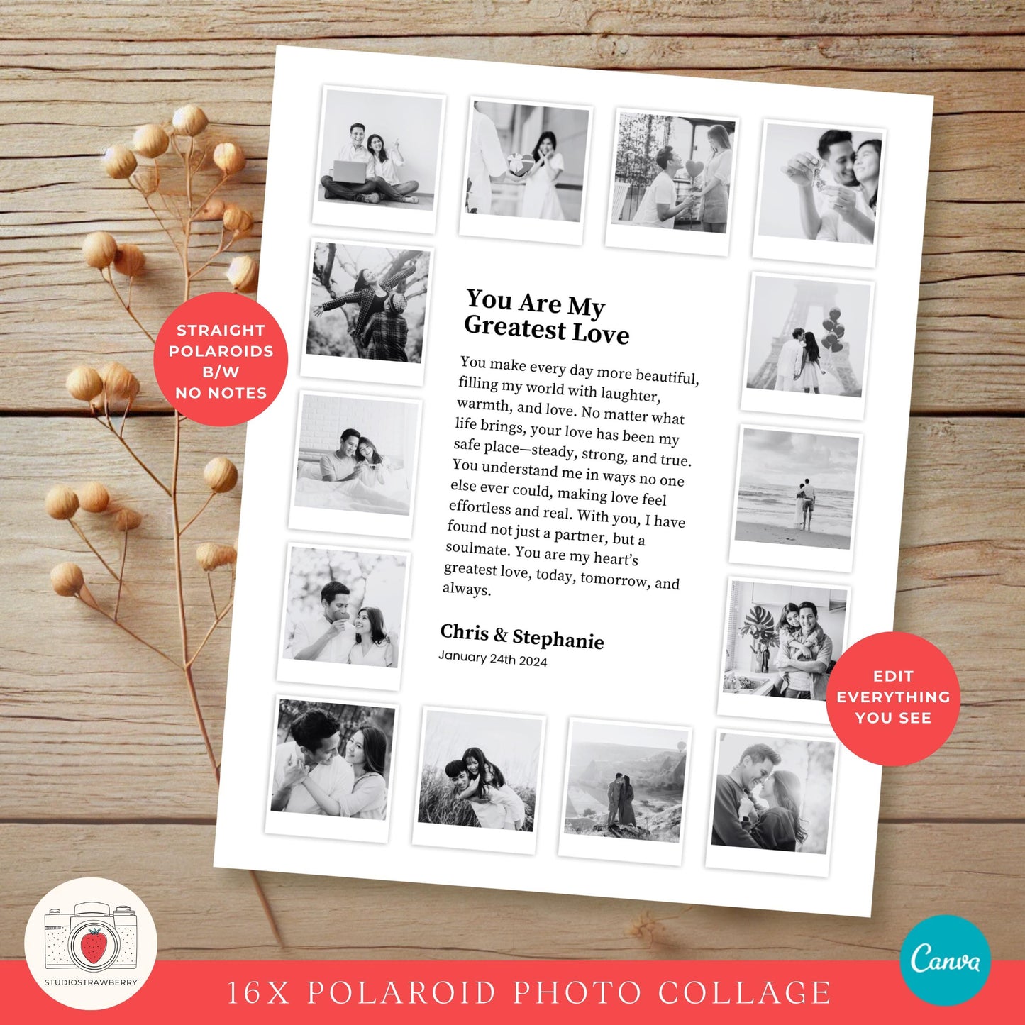 Editable love story photo print with Polaroid-style frames