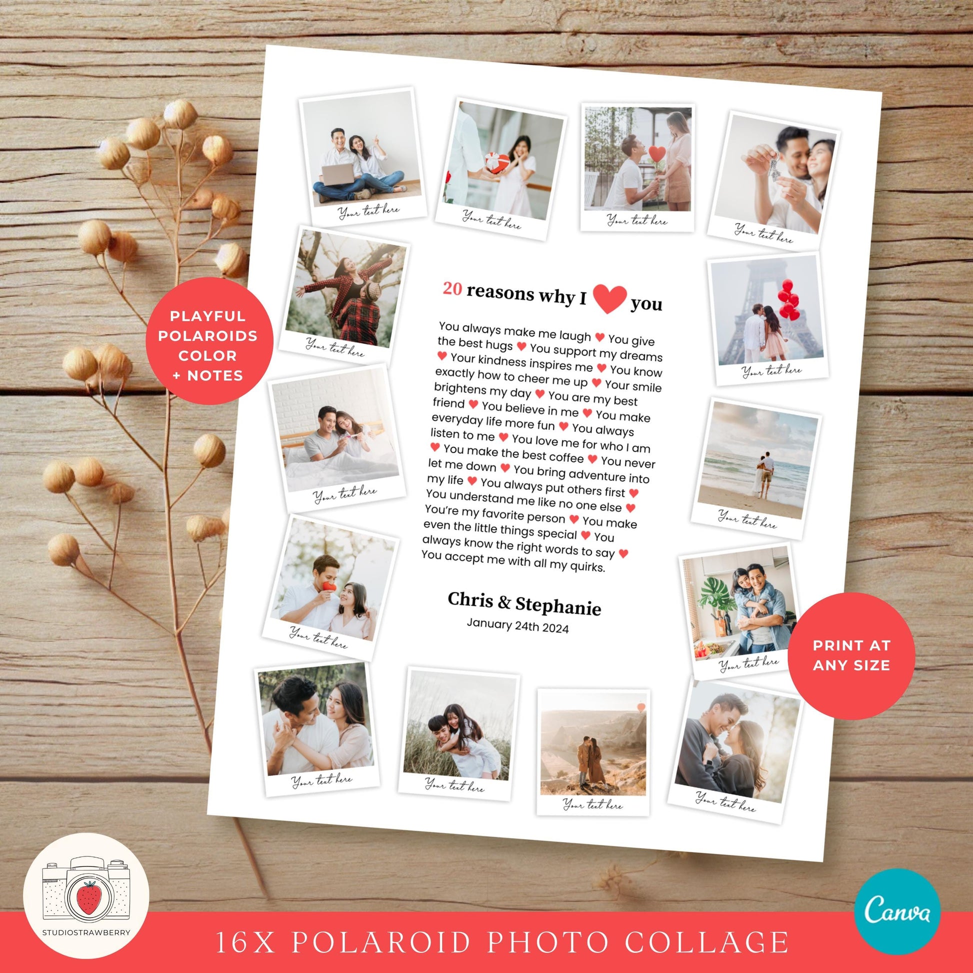 Romantic printable couple&#39;s photo frame template with love letter