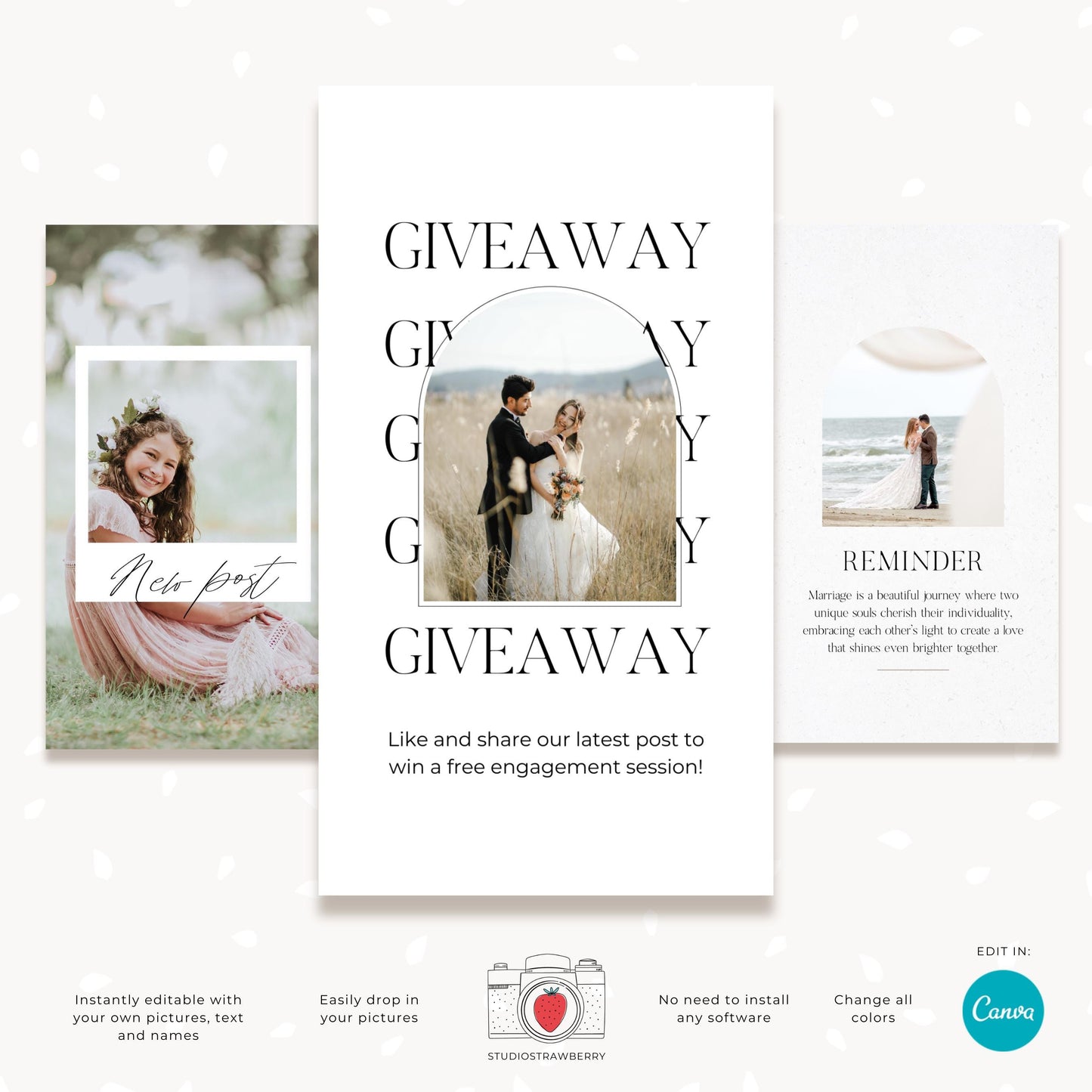 Customizable Instagram story graphics for wedding sneak peeks and engagement sessions.