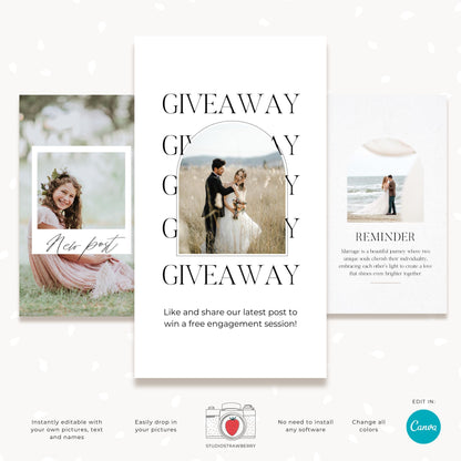 Customizable Instagram story graphics for wedding sneak peeks and engagement sessions.