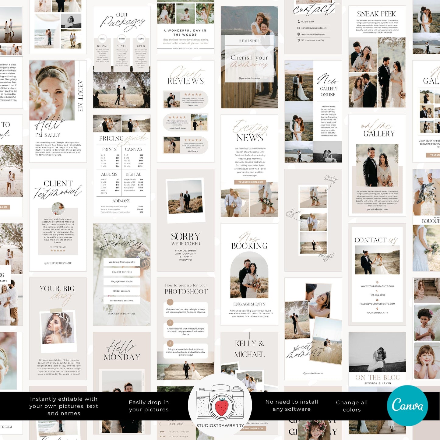 Wedding photographer Instagram story templates showcasing pricing guides and packages.