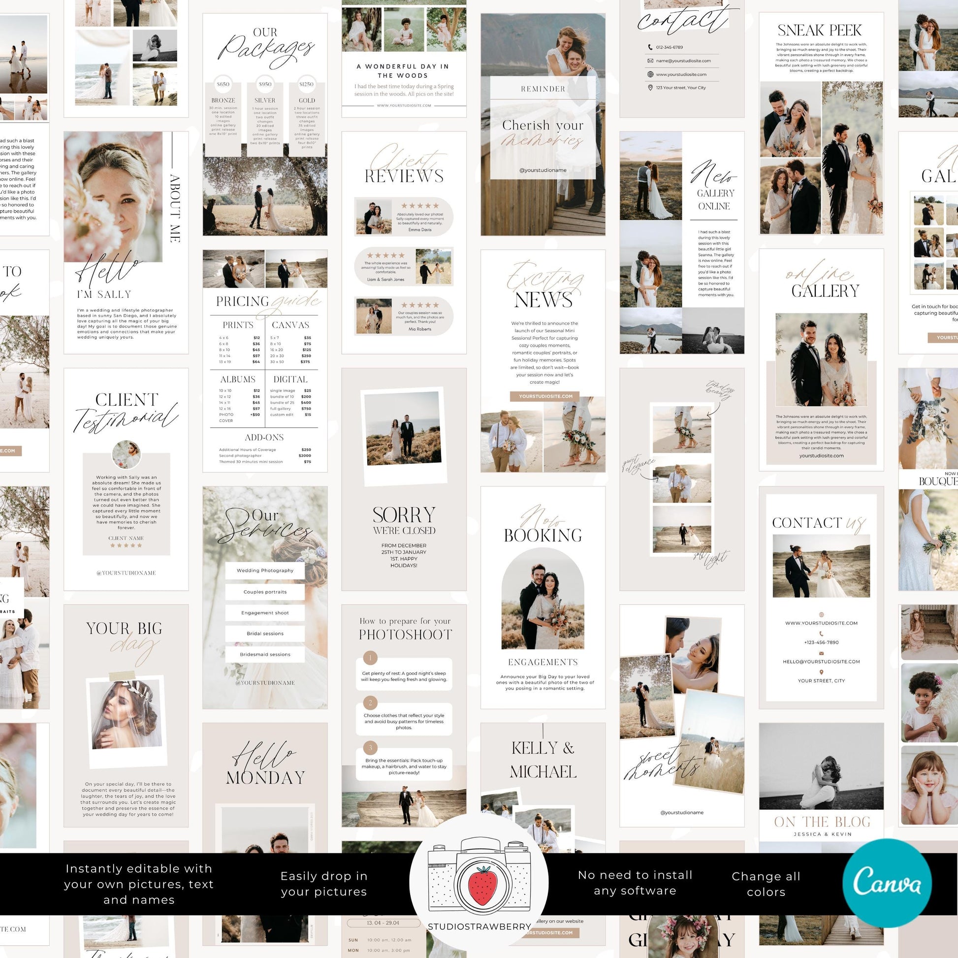 Wedding photographer Instagram story templates showcasing pricing guides and packages.