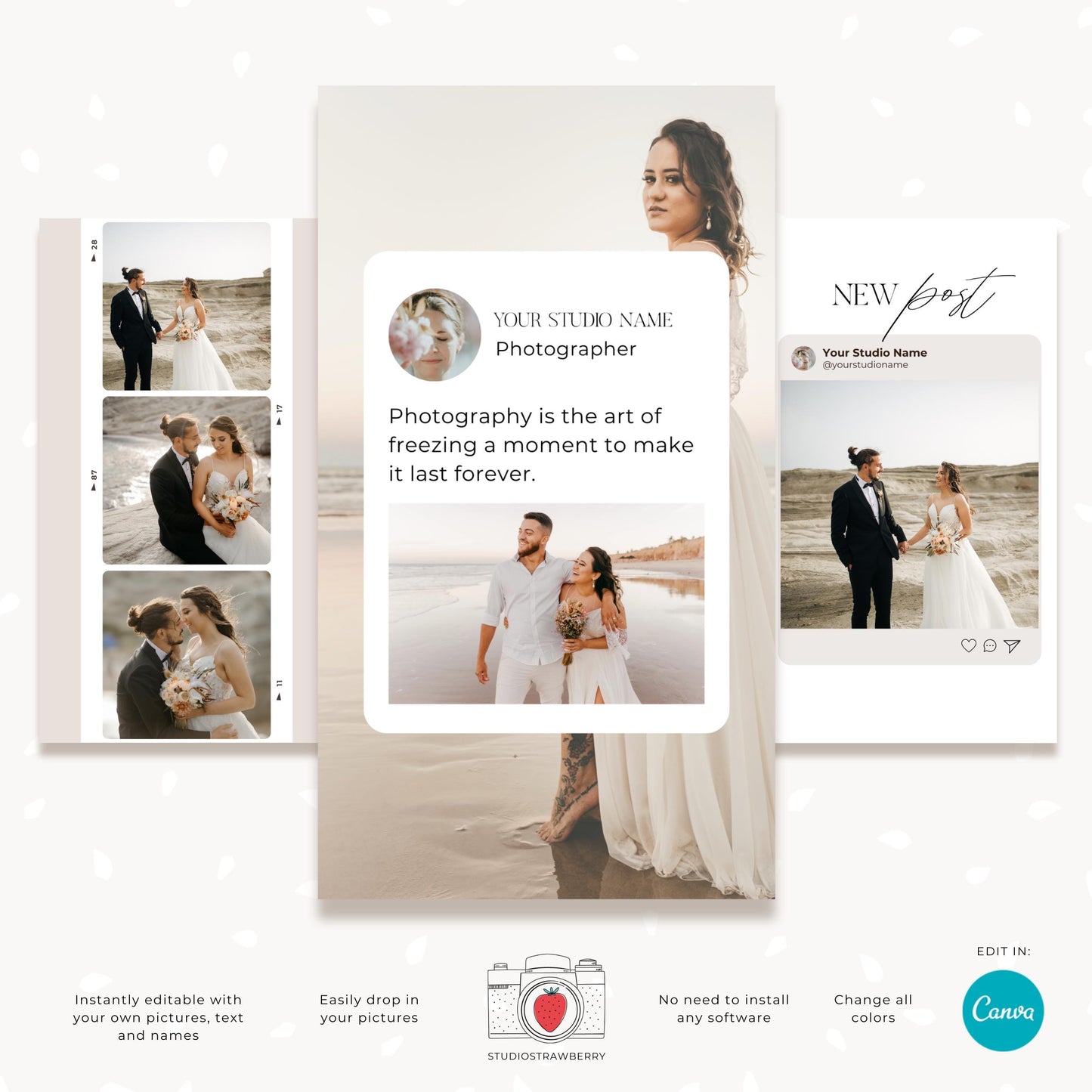 Instagram templates for photographers featuring wedding gallery previews.