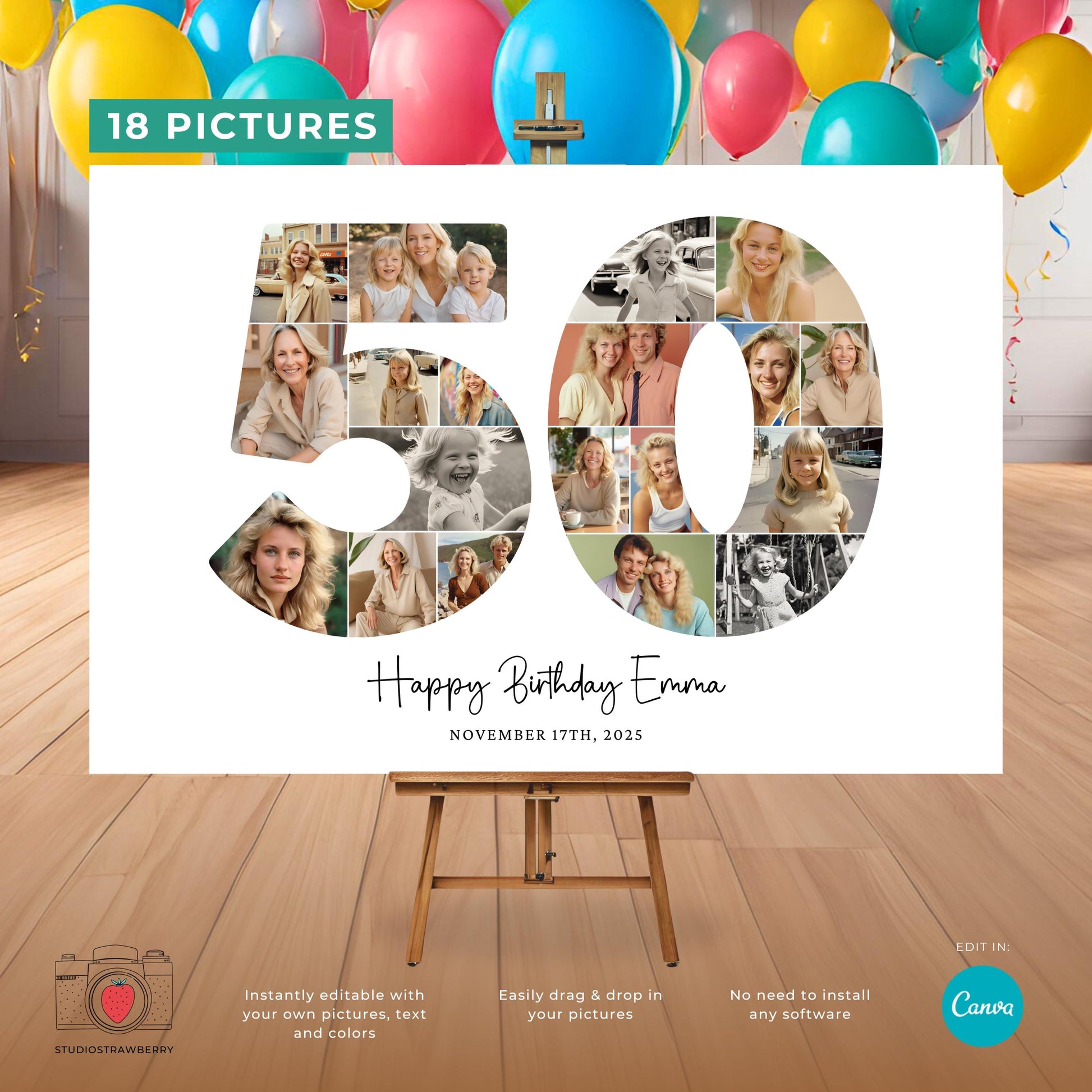 Digital 50th birthday milestone collage featuring the number 50 filled with photos.