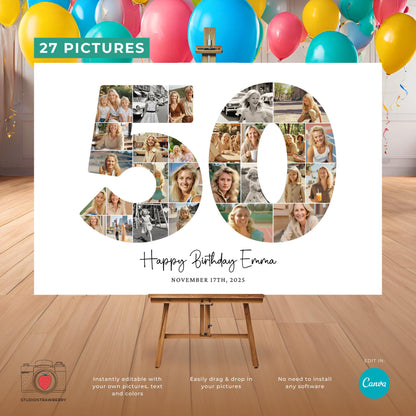 DIY printable 50th birthday photo collage template for parties and decorations.