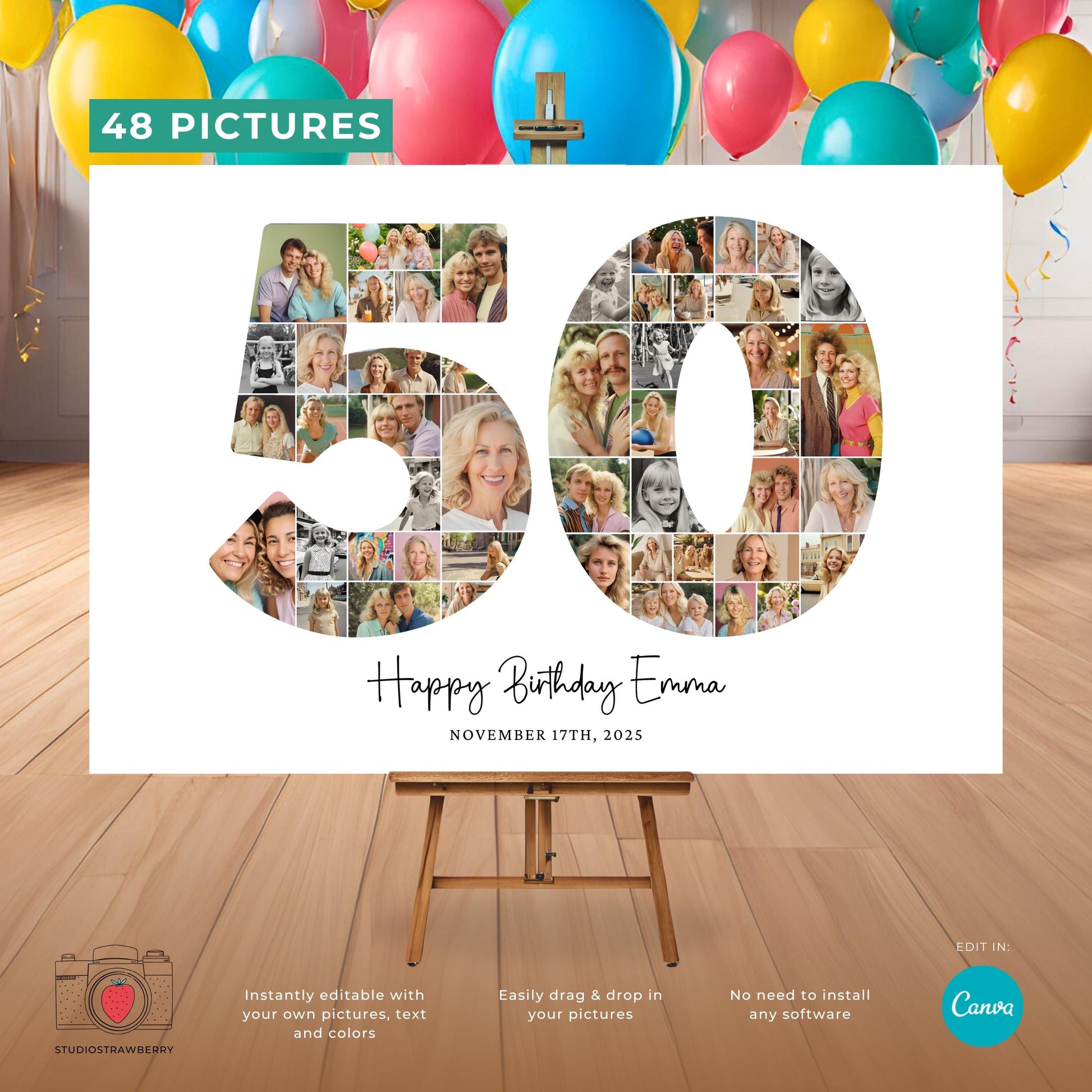 Customizable birthday photo collage with drag-and-drop functionality.