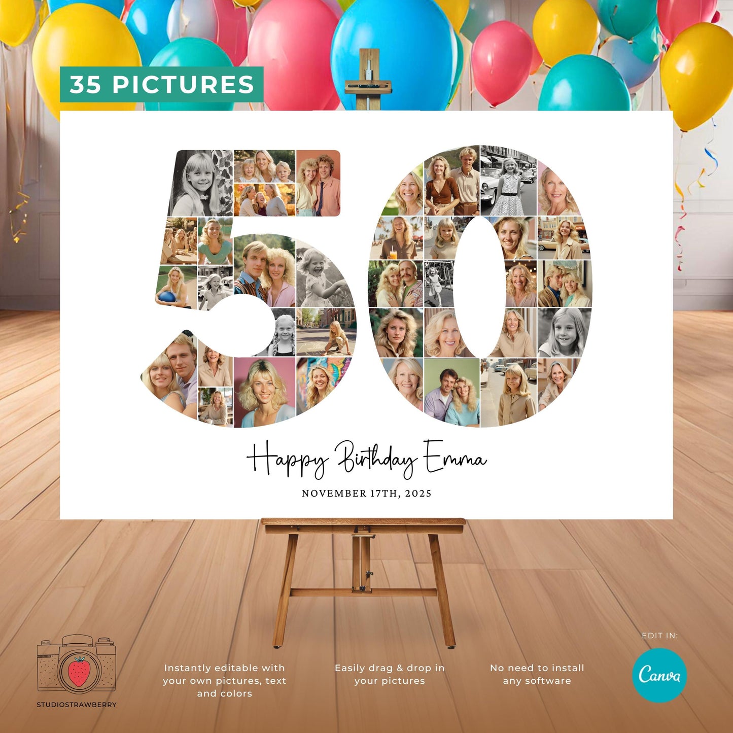 Personalized 50th birthday photo poster design for Canva.