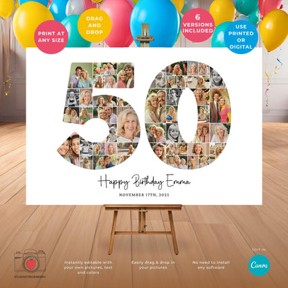 Editable 50th birthday photo collage template with customizable text and colors.