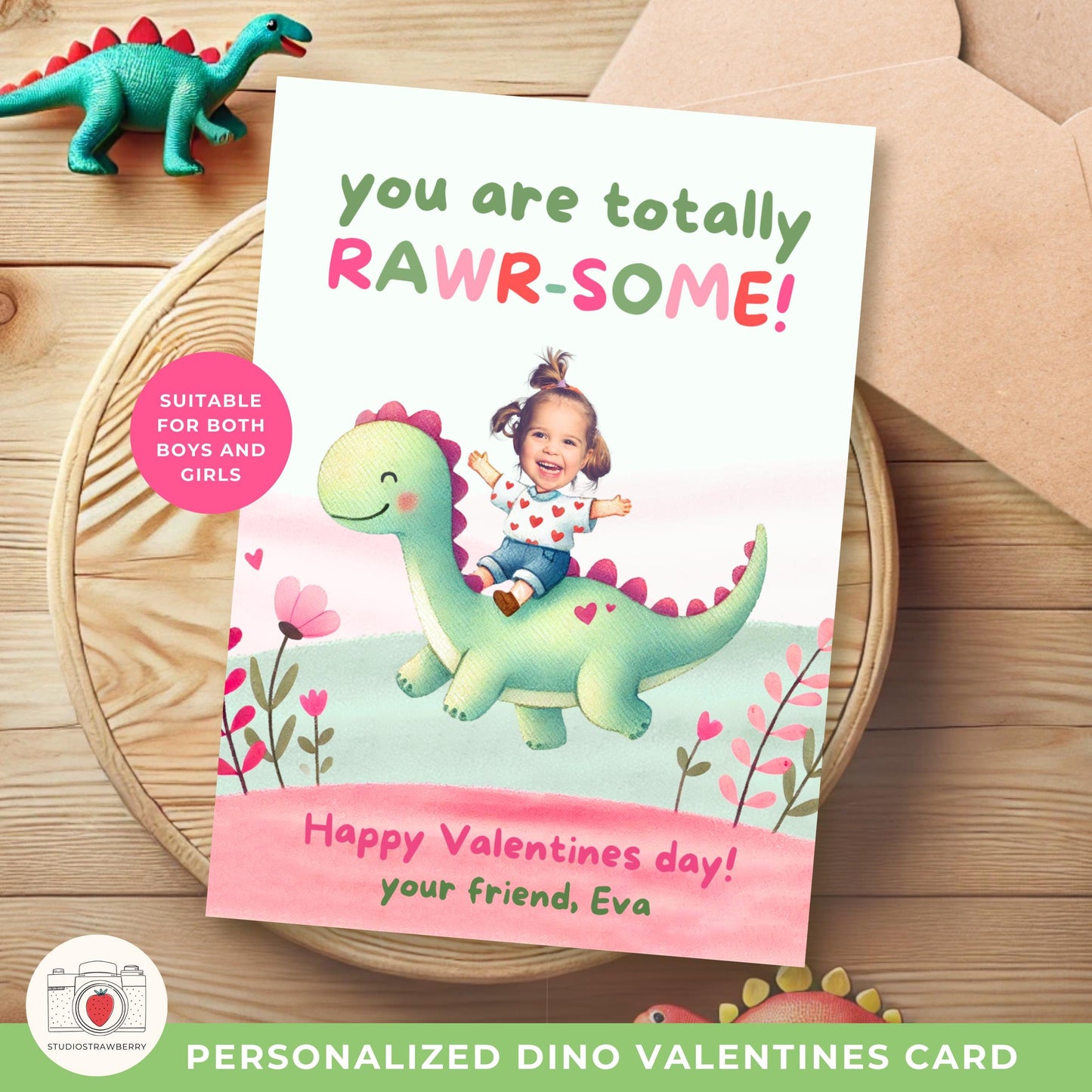 Example of a finished printable Valentine’s card with a cute dino theme and a personalized child’s name.