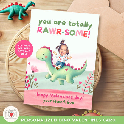 Example of a finished printable Valentine’s card with a cute dino theme and a personalized child’s name.