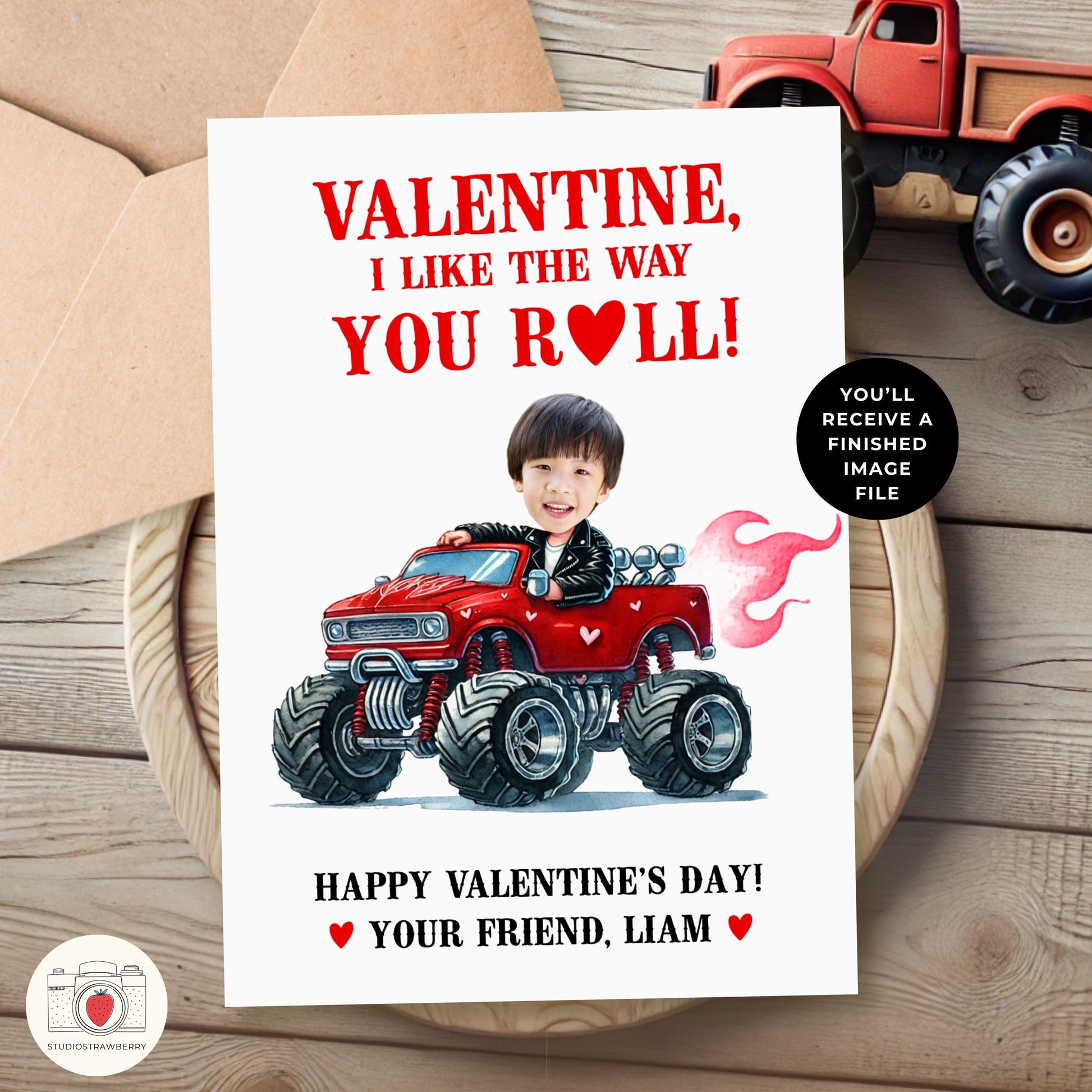 Personalized Monster Truck Valentine’s Card for Kids - Custom Photo Digital Valentine - Printable Fun School Exchange Card for Boys