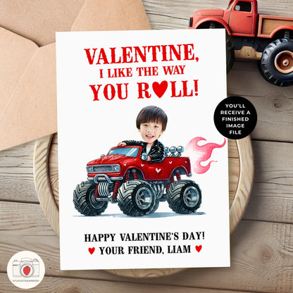 Personalized Monster Truck Valentine’s Card for Kids - Custom Photo Digital Valentine - Printable Fun School Exchange Card for Boys