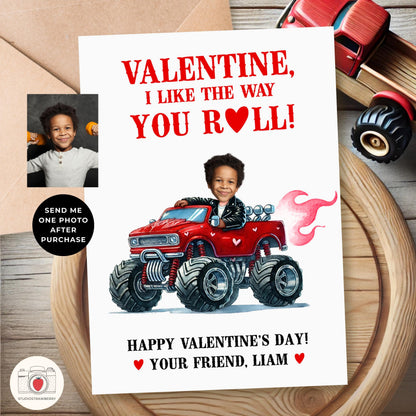 Personalized Monster Truck Valentine’s Card for Kids - Custom Photo Digital Valentine - Printable Fun School Exchange Card for Boys