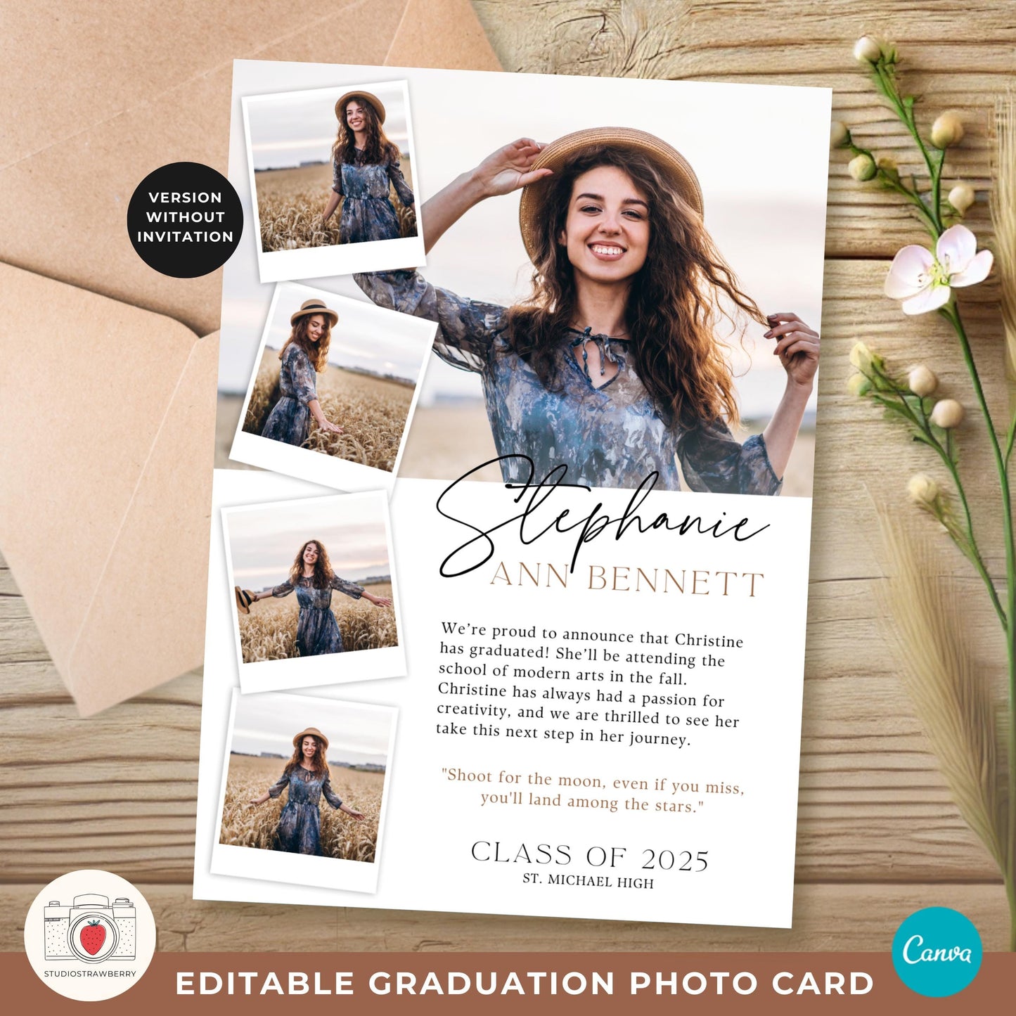 Editable Graduation Announcement Template, Class of 2025 Graduation Invitation with Photo, Printable Senior Graduation Card, Polaroids
