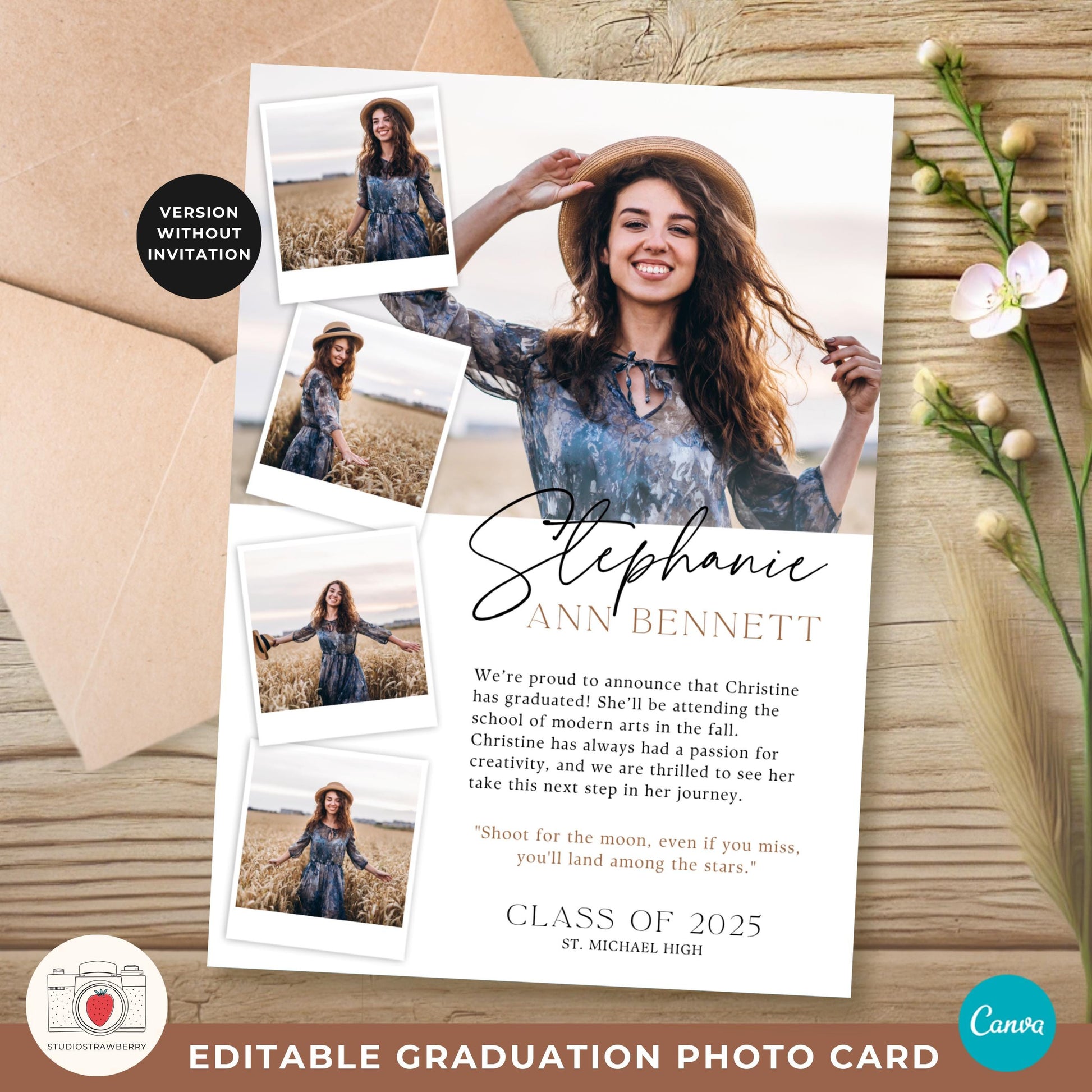 Editable Graduation Announcement Template, Class of 2025 Graduation Invitation with Photo, Printable Senior Graduation Card, Polaroids