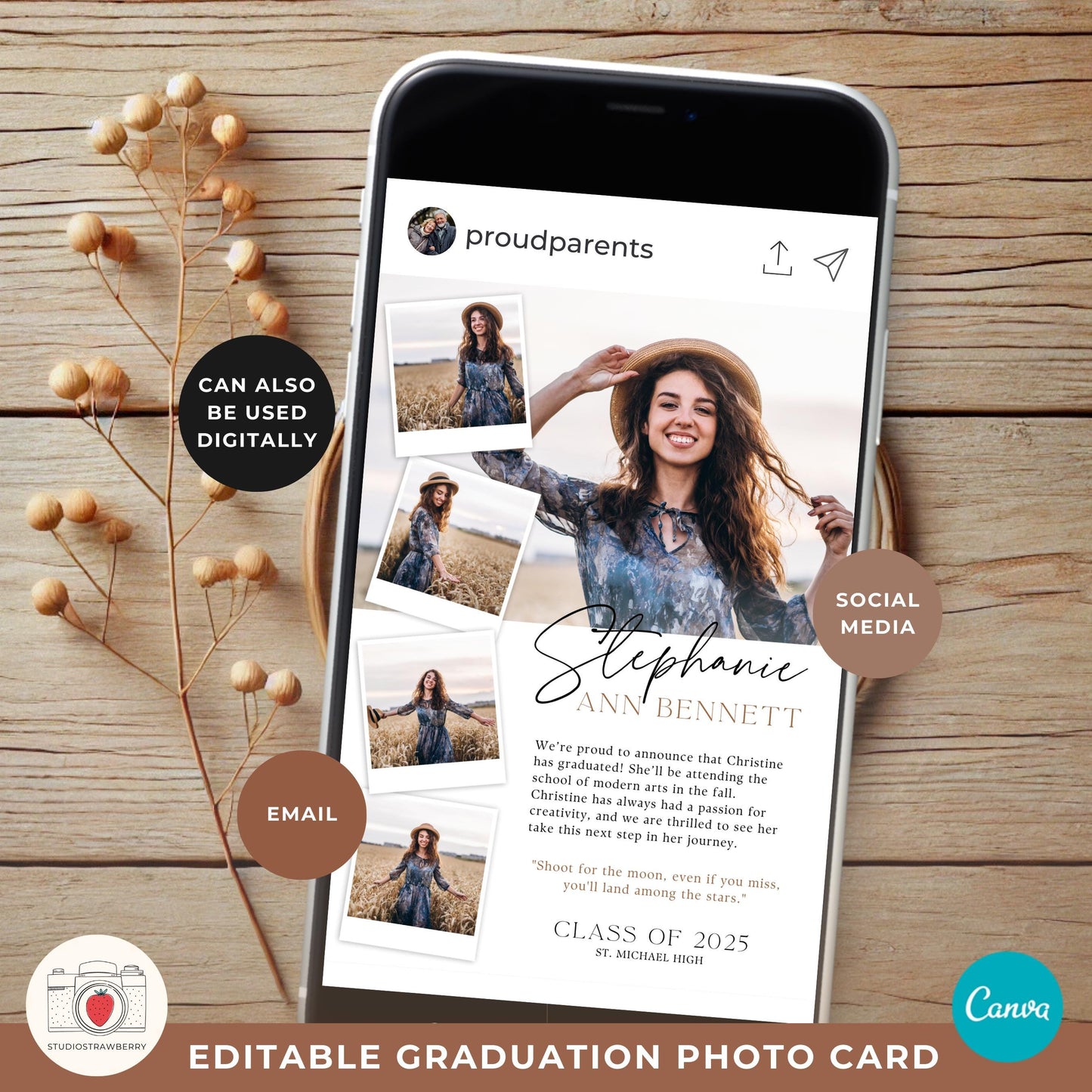 Editable Graduation Announcement Template, Class of 2025 Graduation Invitation with Photo, Printable Senior Graduation Card, Polaroids