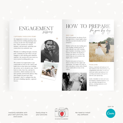 Canva template for wedding photography, showcasing a pricing guide and booking instructions.