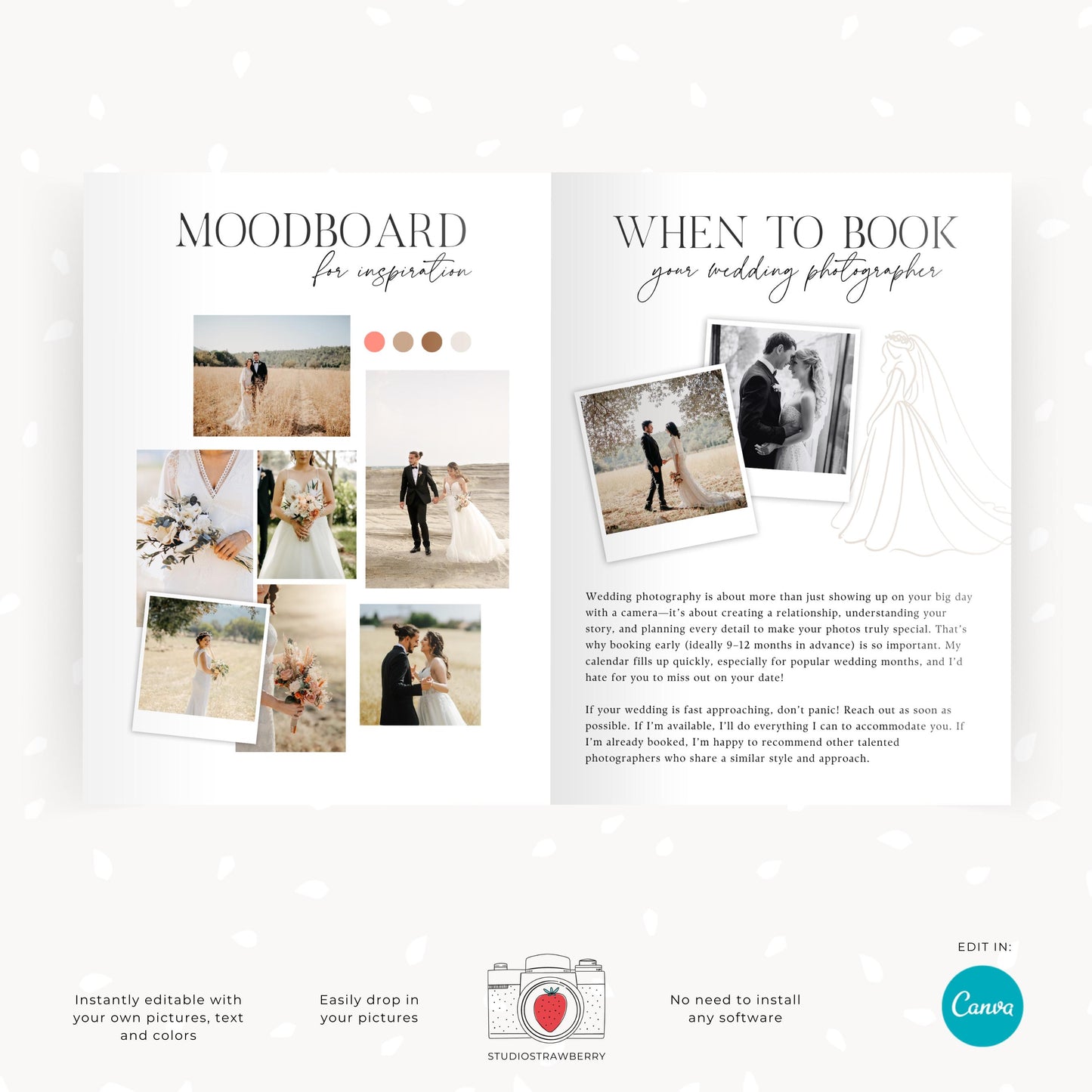 Editable wedding photographer flyer template with preparation tips for wedding day photoshoots.