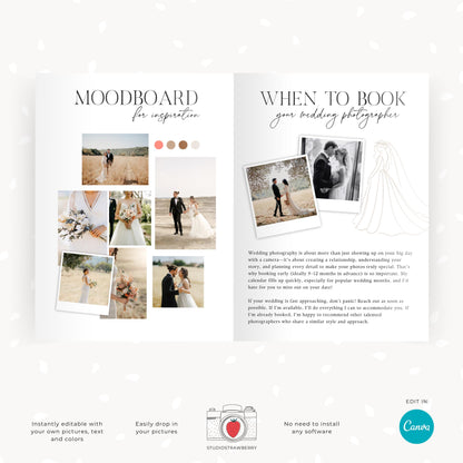 Editable wedding photographer flyer template with preparation tips for wedding day photoshoots.