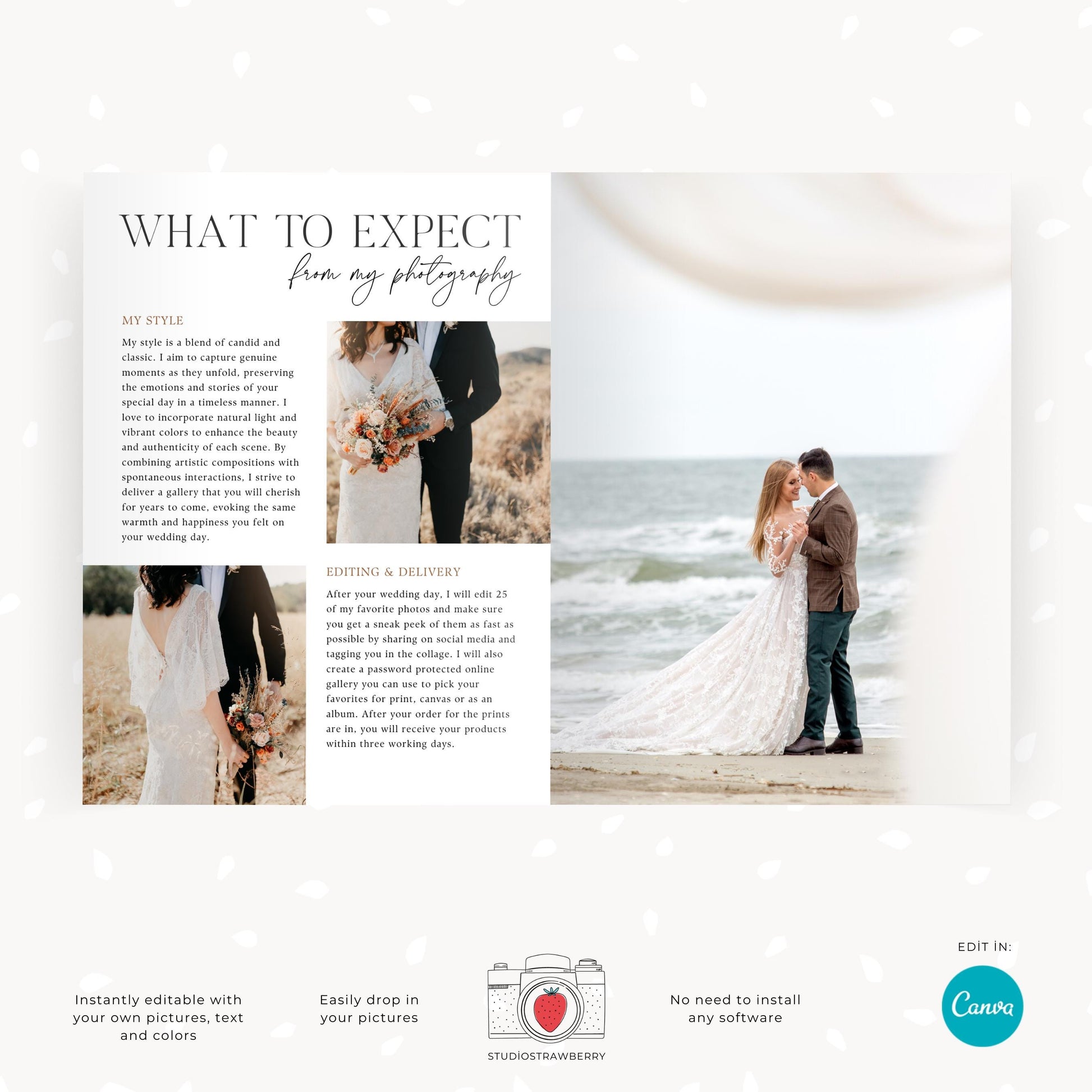 Wedding photographer client brochure with sections on engagement sessions and photography FAQs.