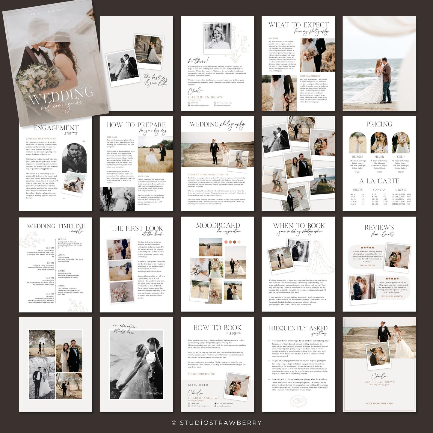 Wedding photography client magazine template showing pricing packages and preparation tips for the big day.