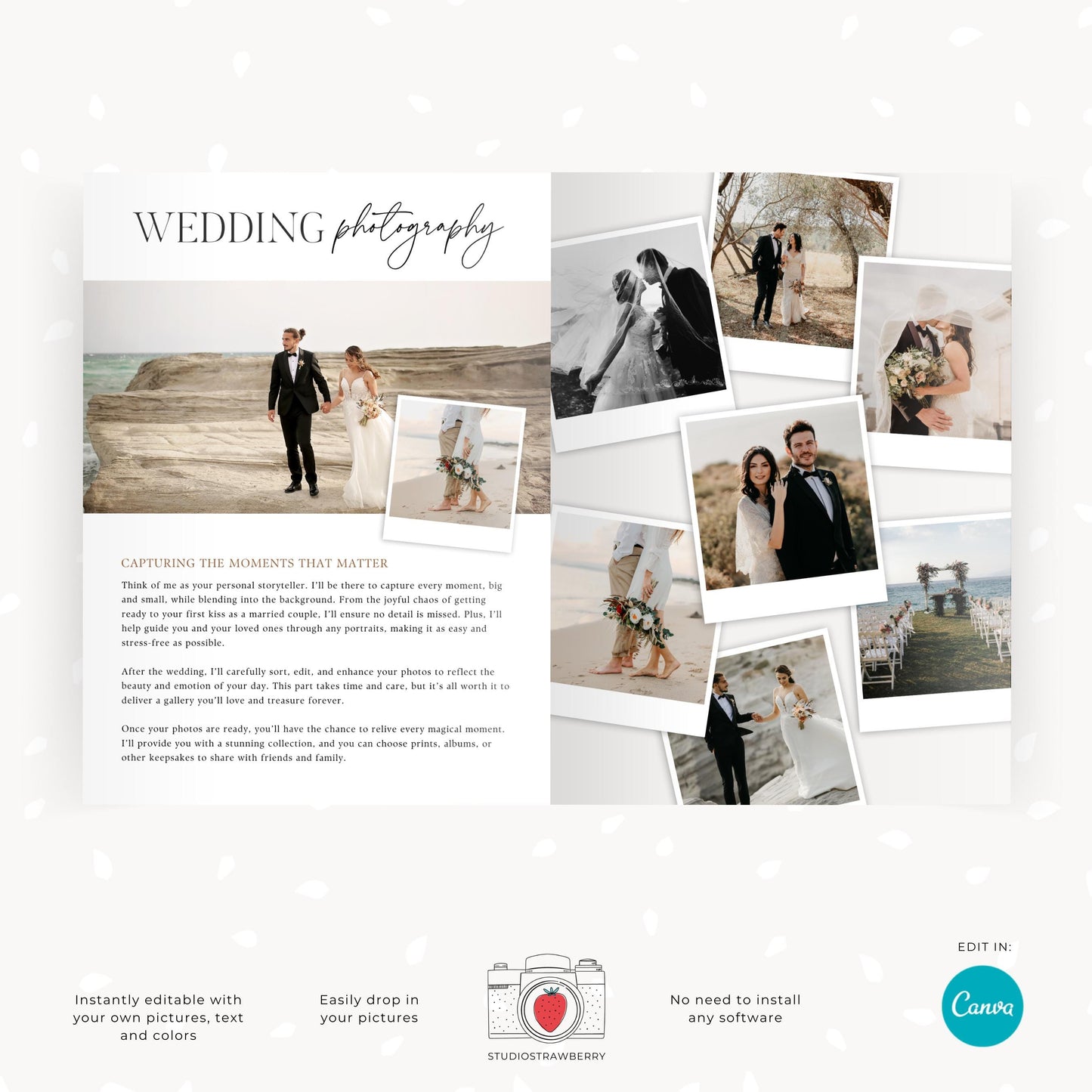 Customizable wedding photography guide with mood boards and inspirational images for clients.