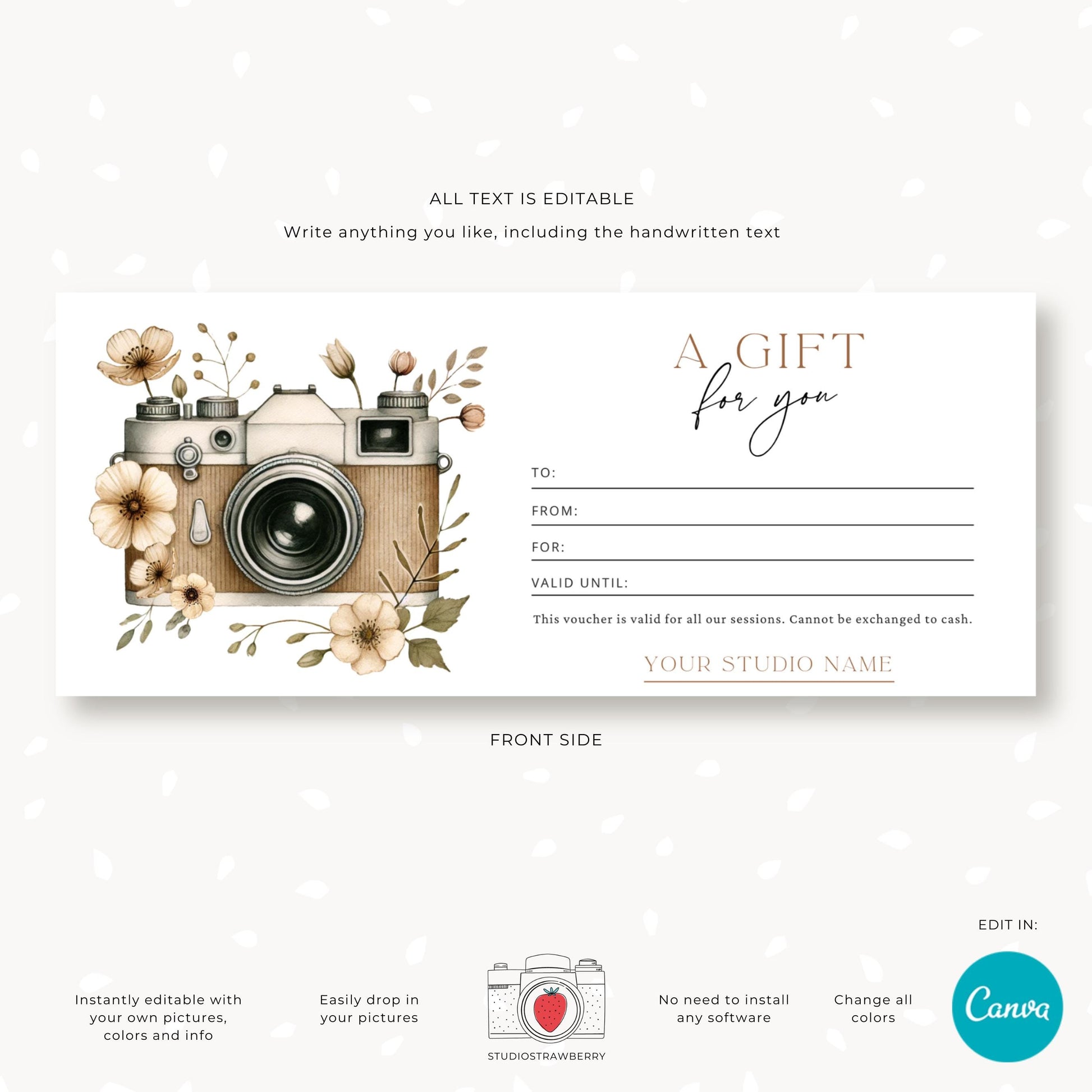 Editable Photography Gift Certificate Template Canva | Printable Floral Camera Gift Voucher | Customizable Photography Gift Card