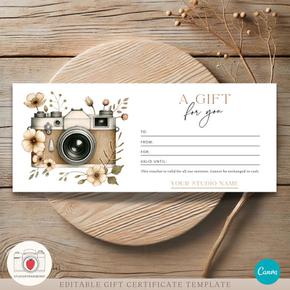 Editable Photography Gift Certificate Template Canva | Printable Floral Camera Gift Voucher | Customizable Photography Gift Card