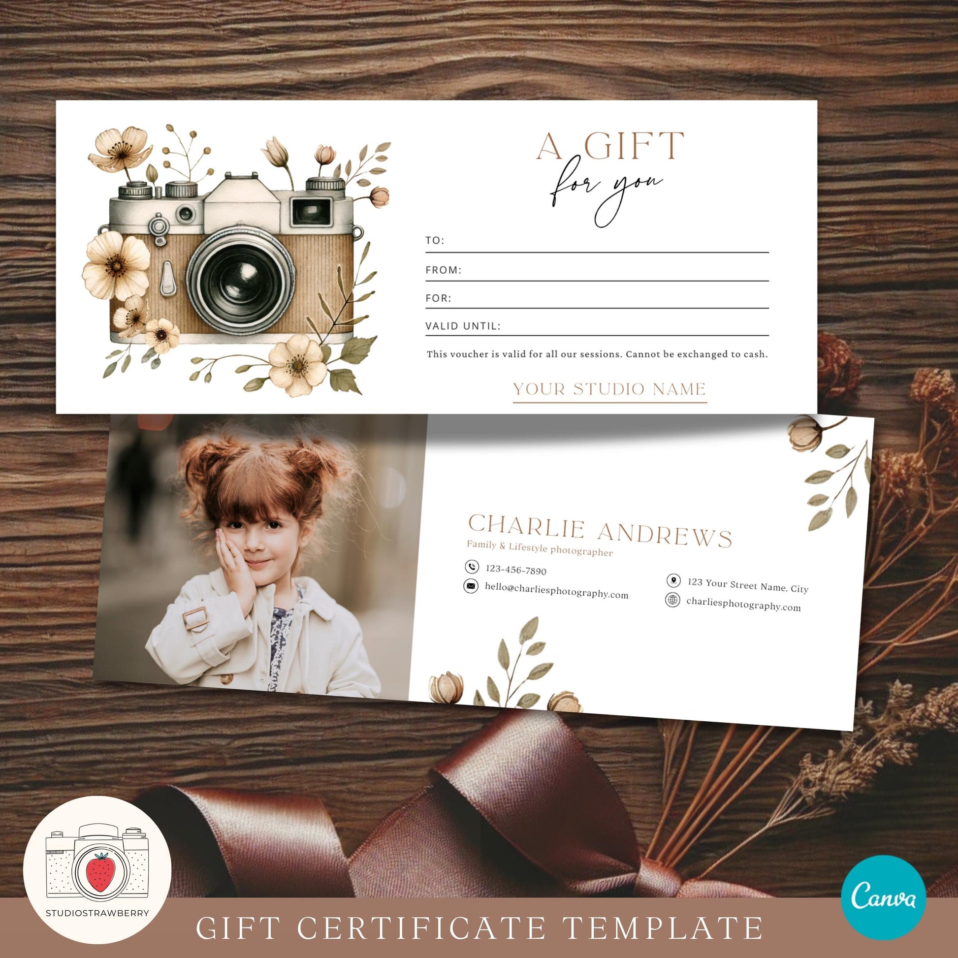 Editable Photography Gift Certificate Template Canva | Printable Floral Camera Gift Voucher | Customizable Photography Gift Card