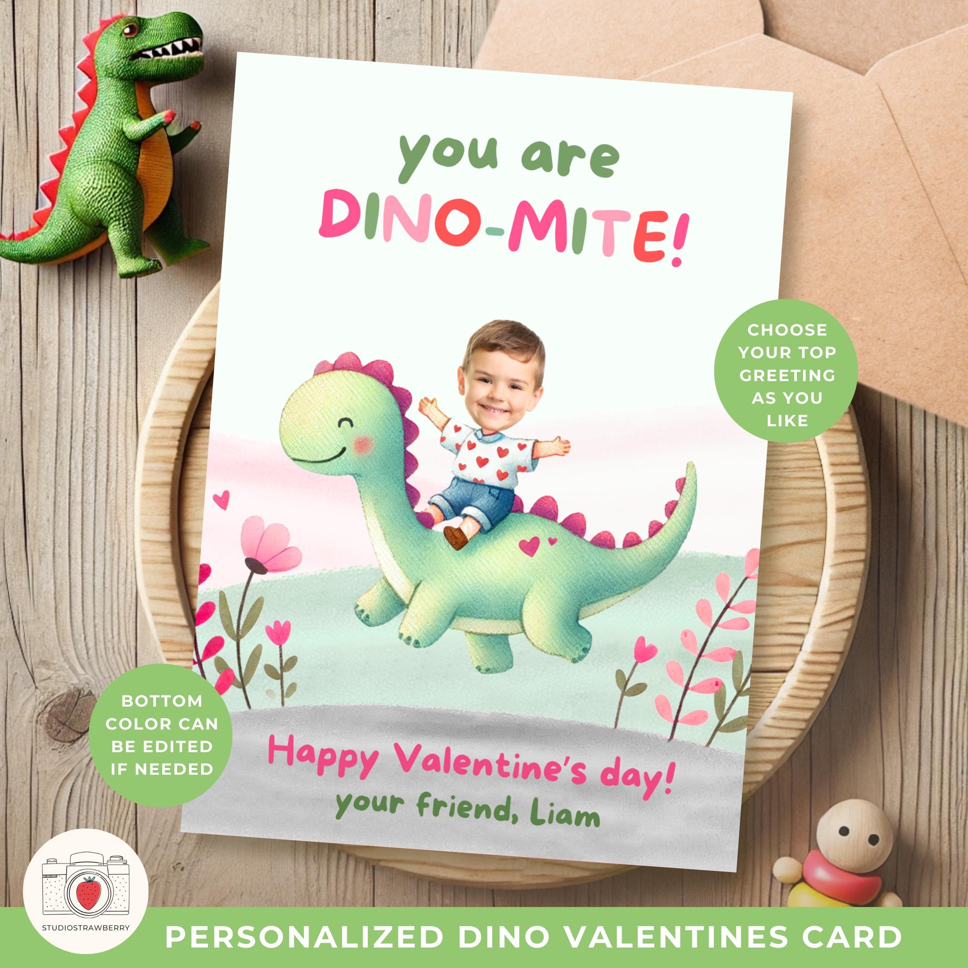Personalized dinosaur Valentine's card for kids to hand out to friends in school