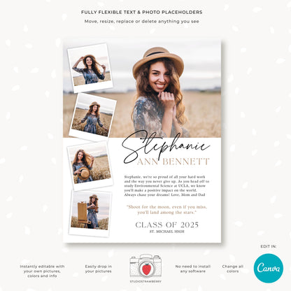 Full-page senior yearbook tribute design with multiple photo placeholders.