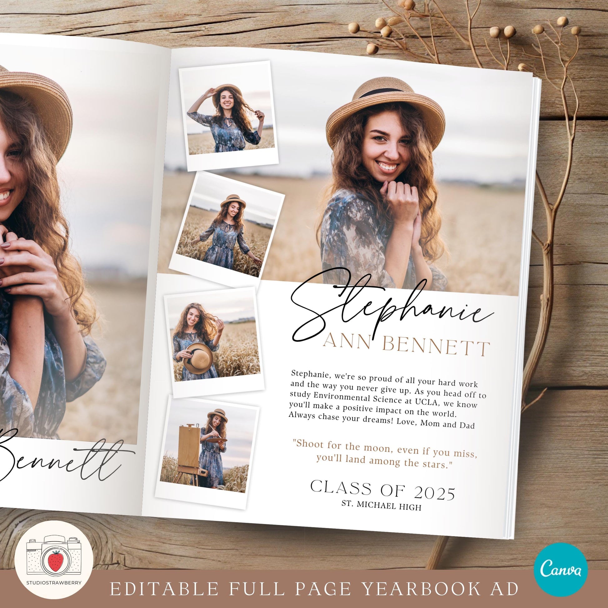 Editable full-page senior yearbook ad template in Canva with photo placeholders and text.