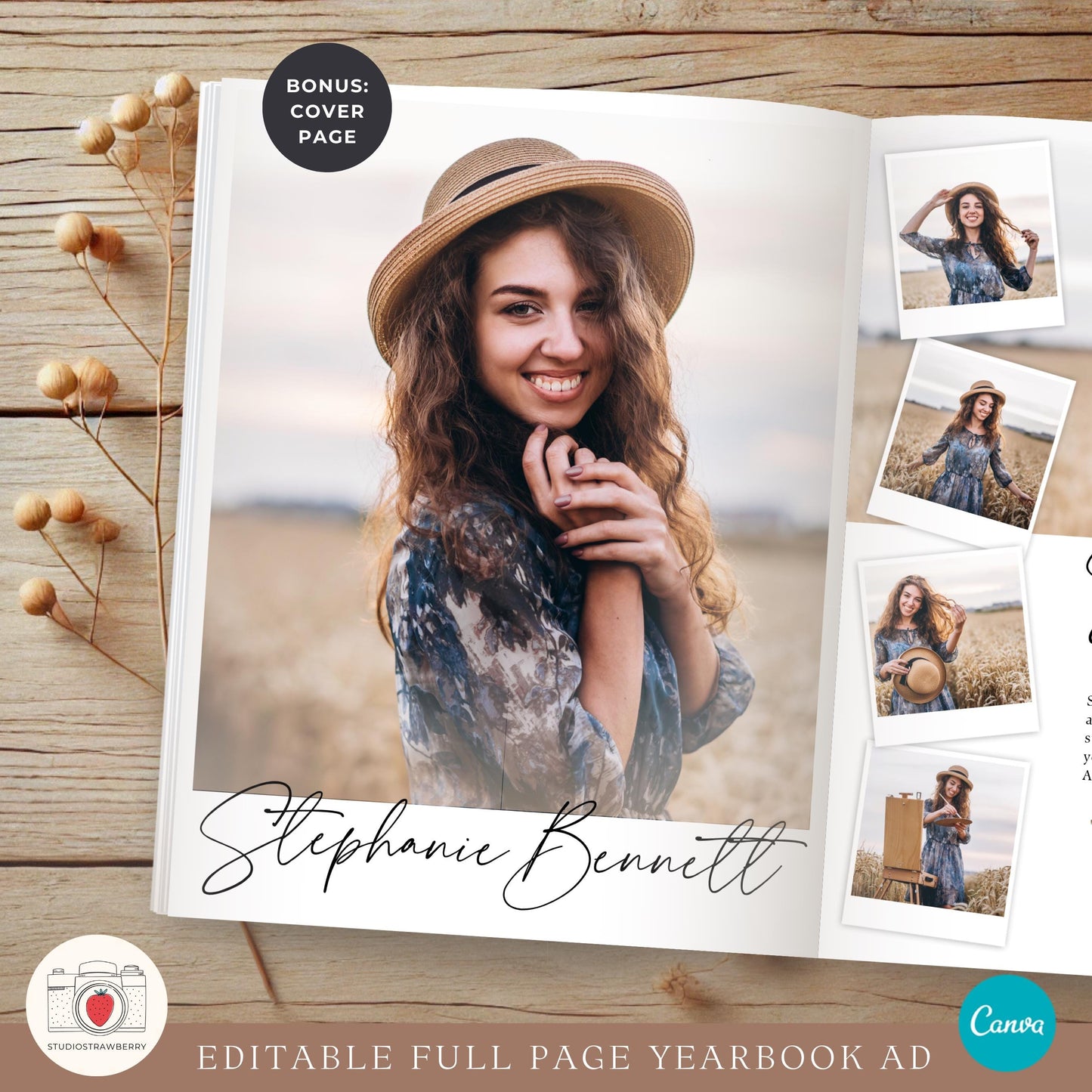 Graduation photo collage design for senior yearbook ad, customizable in Canva.