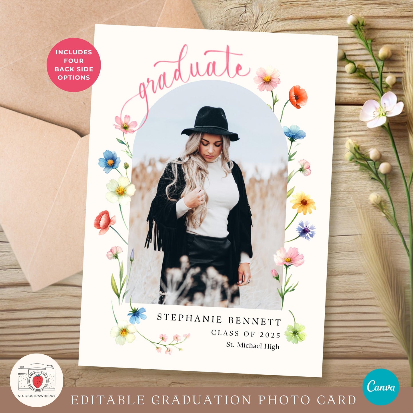 Editable graduation photo card template with wildflower design and customizable layout in Canva.