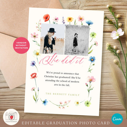Front and back view of a floral graduation invitation with customizable text and photo placeholders.