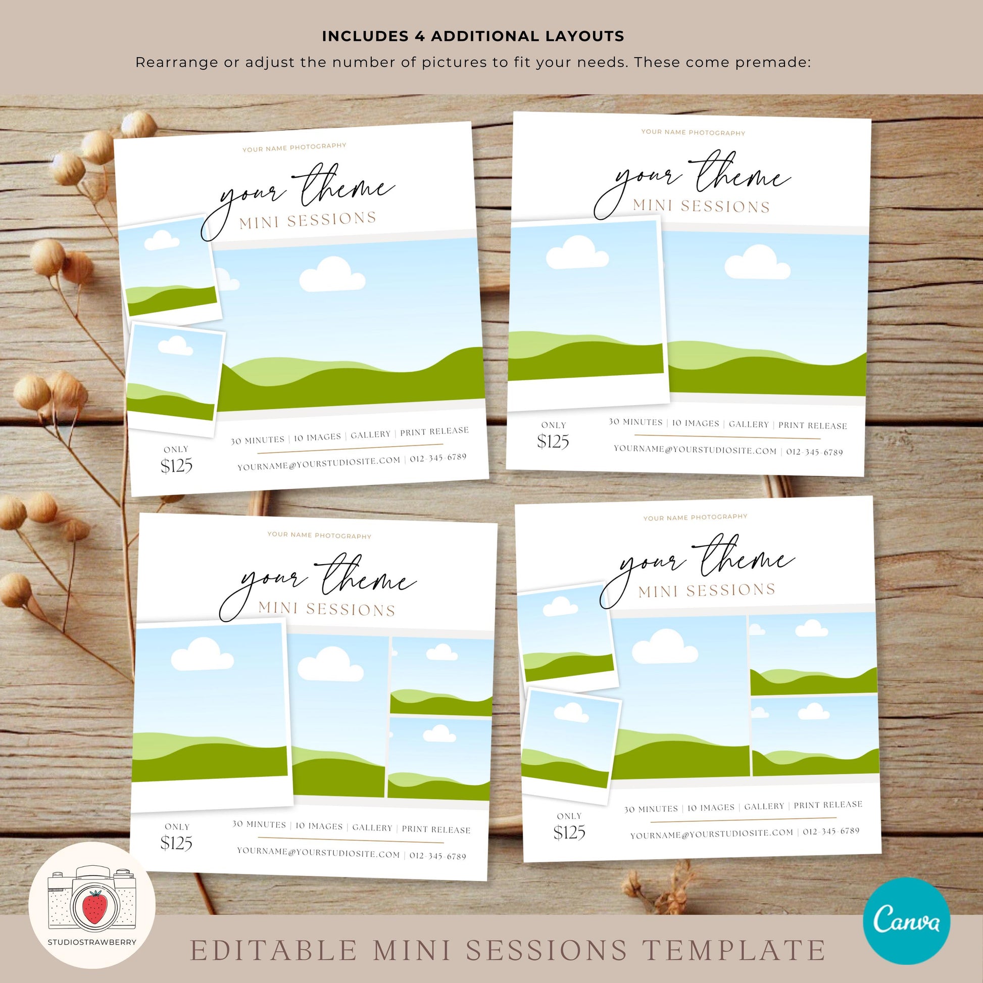 Drag-and-drop customizable photo session template with placeholder images.