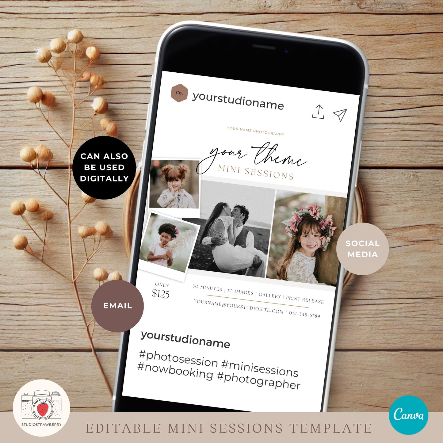 Editable mini session template displayed on a smartphone for social media use.