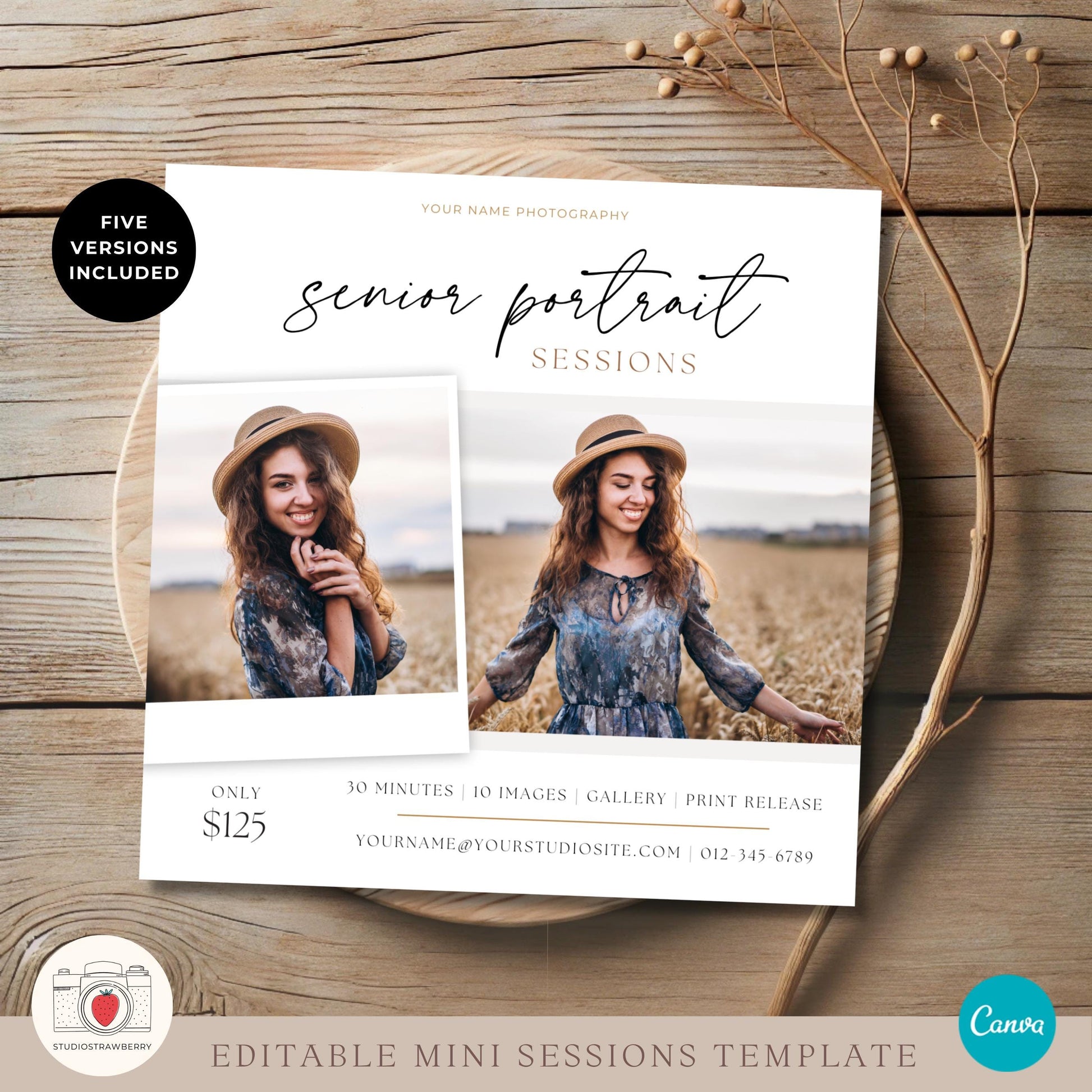 Senior portrait photography session flyer design template in Canva.
