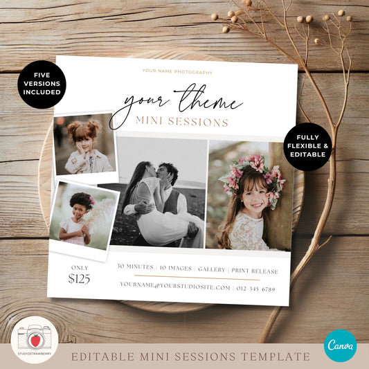 Versatile Canva templates showcasing different mini session themes for photographers.