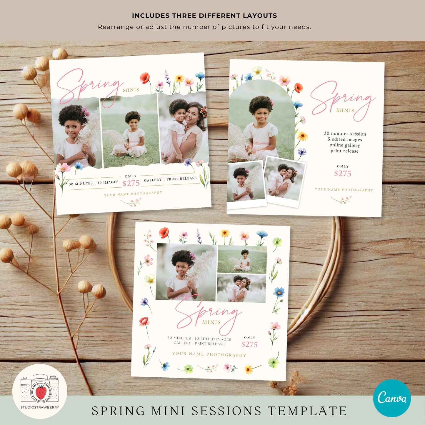 Spring mini sessions template for photographers with wildflower and flower-themed designs.