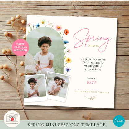 Printable spring mini sessions template for photographers with a floral layout.