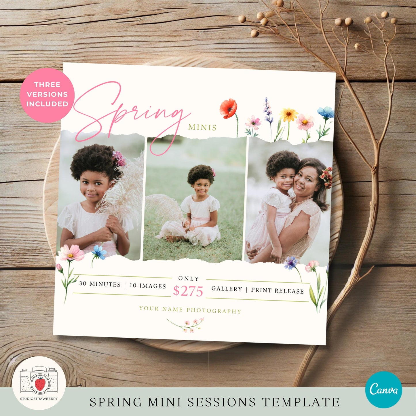 Wildflower-inspired spring photography template with a customizable Canva design.