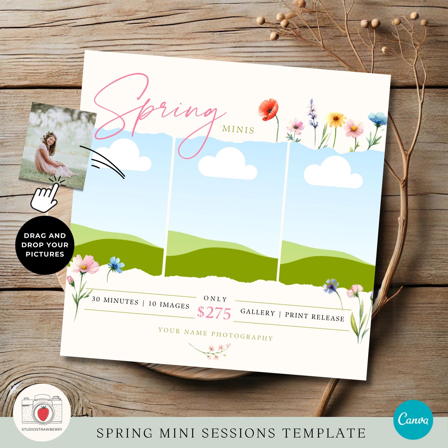 Photographer promotional template for spring mini sessions with floral accents.