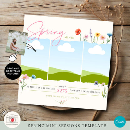 Photographer promotional template for spring mini sessions with floral accents.
