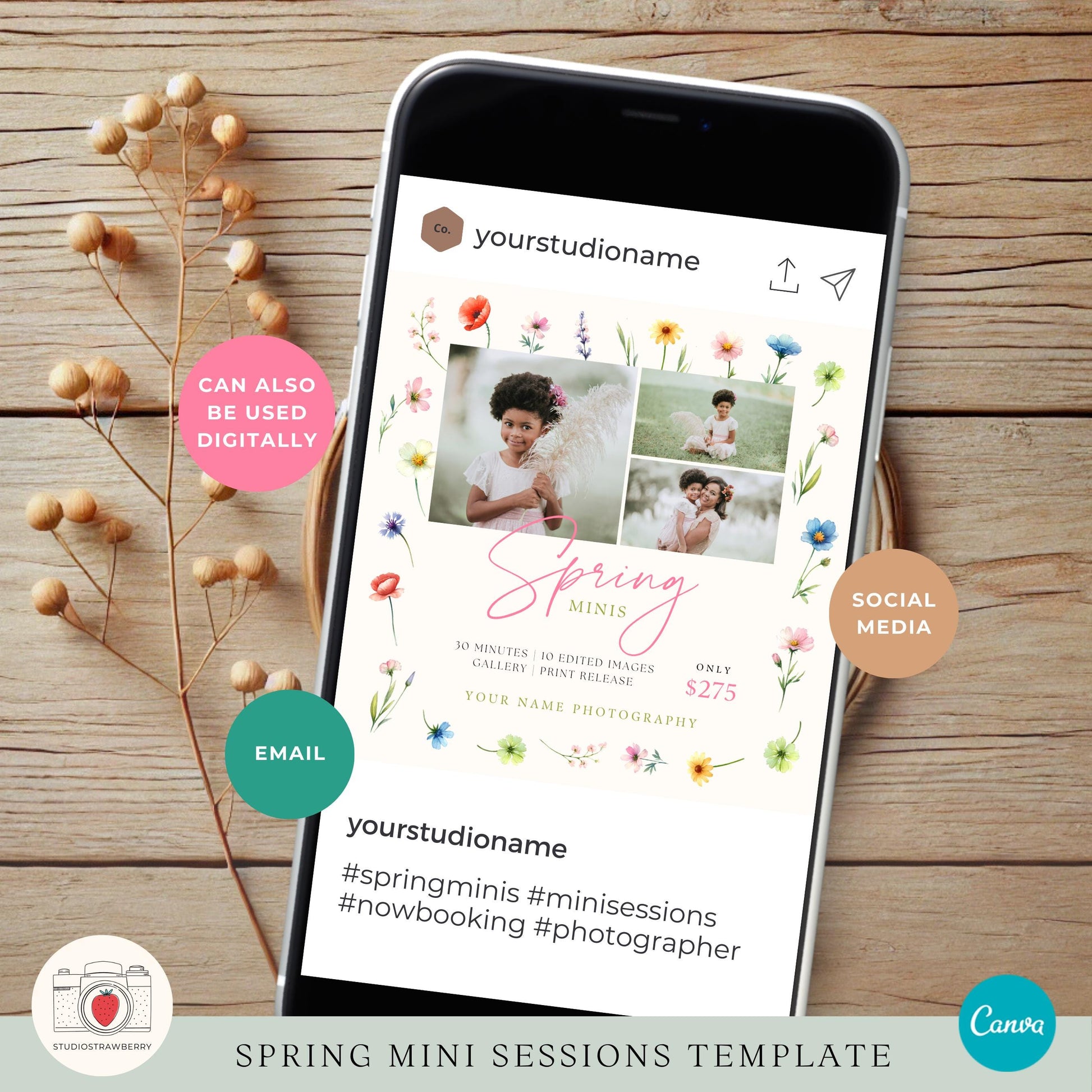 Social media marketing template for spring photography with an editable image grid.