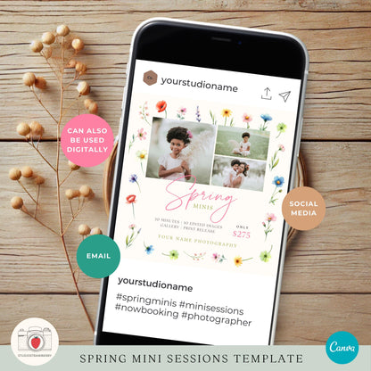 Social media marketing template for spring photography with an editable image grid.