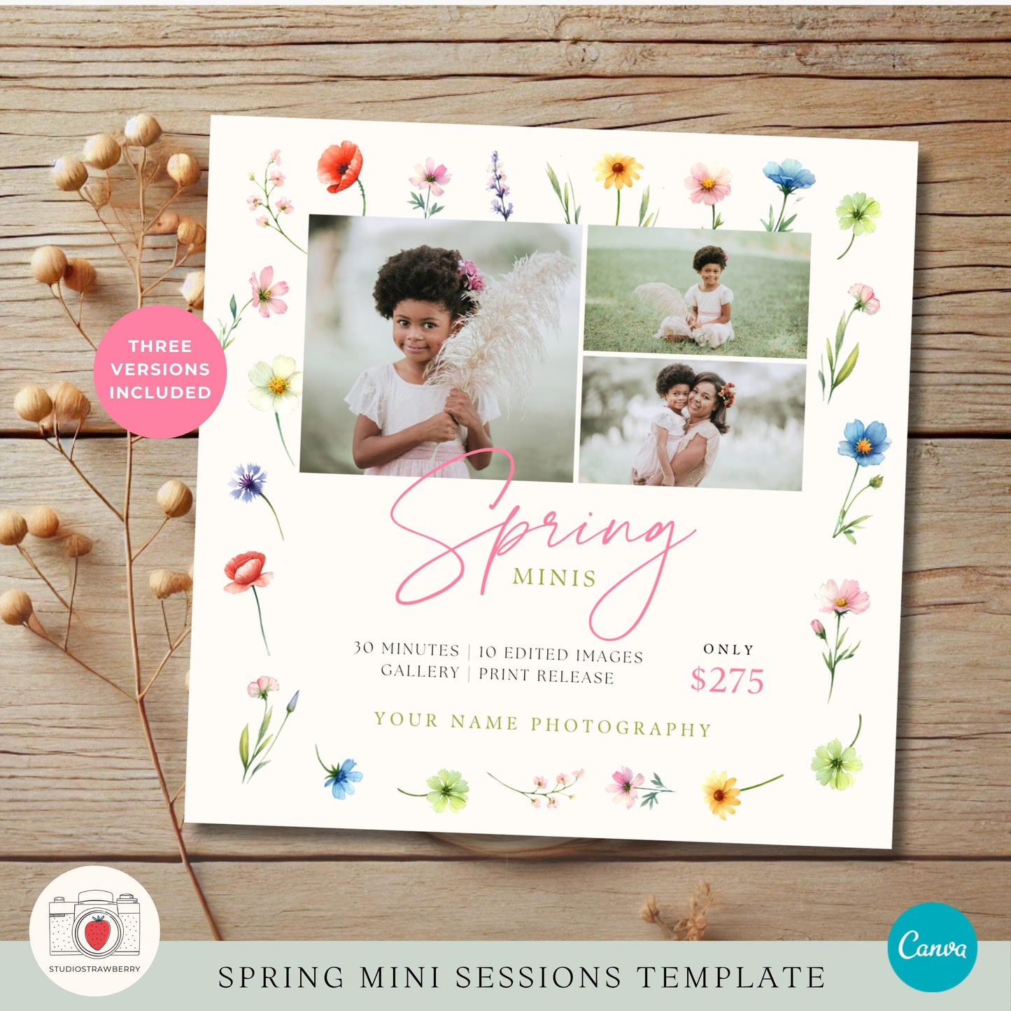 Editable Canva template for spring mini sessions with fully flexible photo layout.