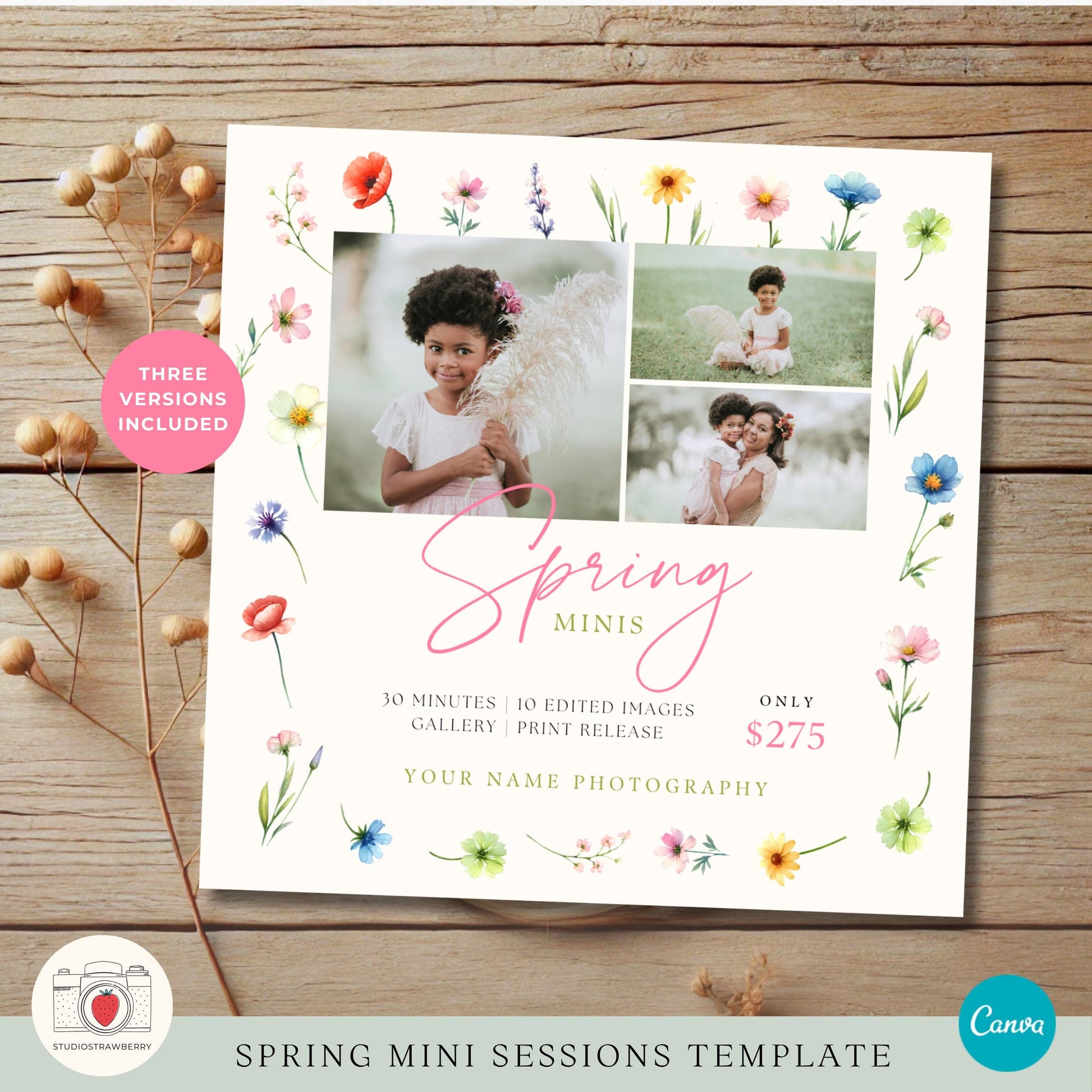 Editable Canva template for spring mini sessions with fully flexible photo layout.