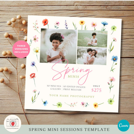 Editable Canva template for spring mini sessions with fully flexible photo layout.