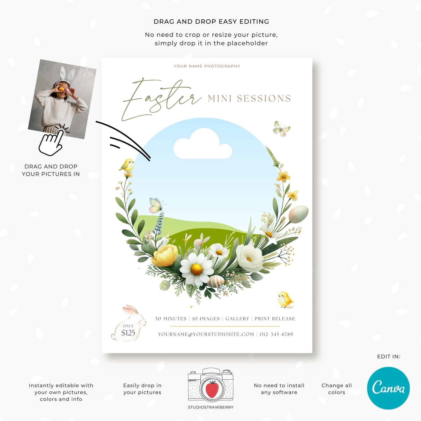 Easter Mini Sessions marketing flyer with a floral wreath and photo placeholder for easy customization.